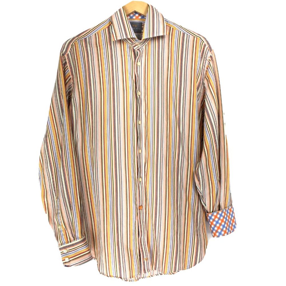 Thomas Dean Large Shirt Button Down Front Striped Orange Multicolor Contrast Cuf